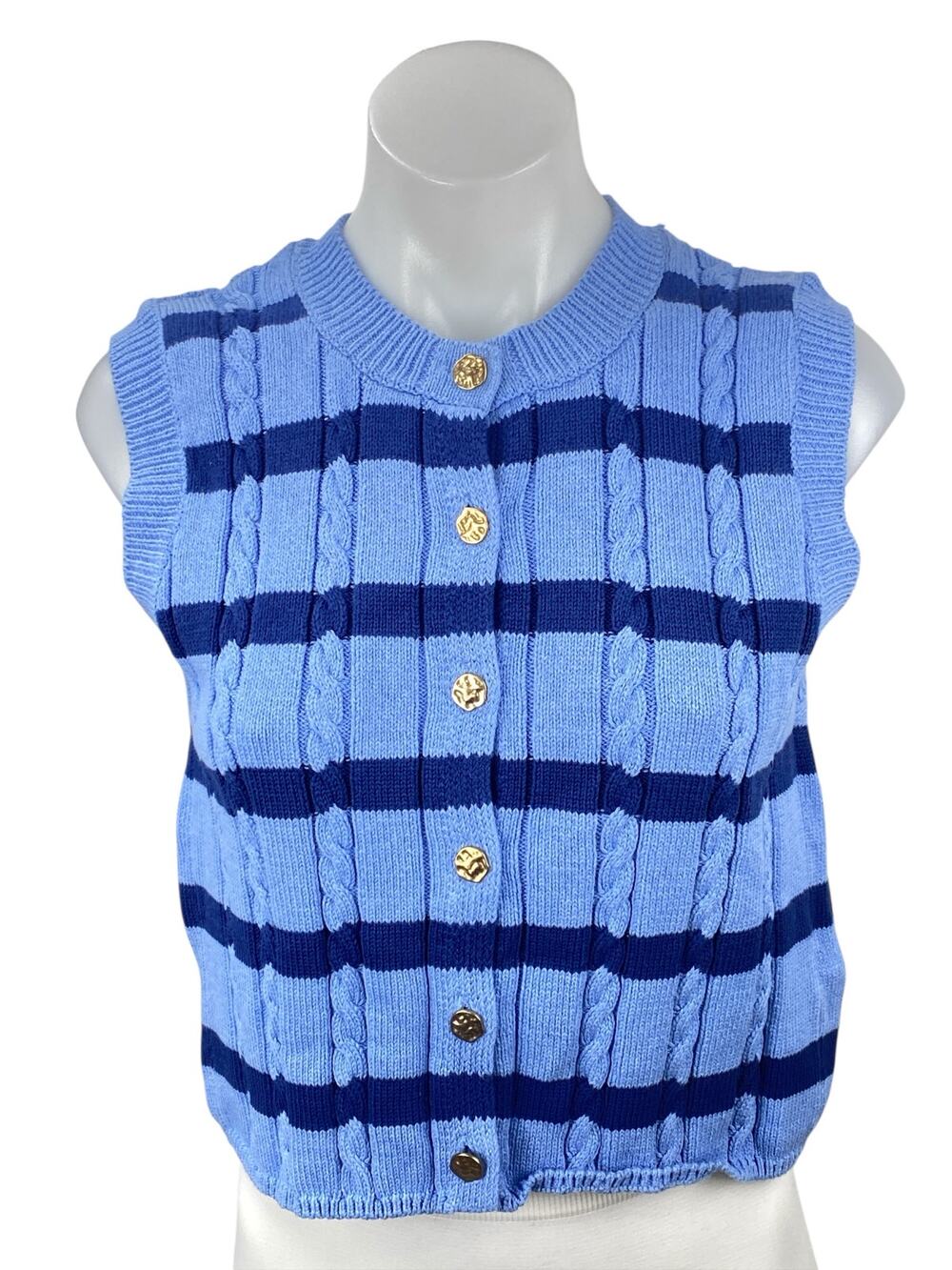 Zara Women's Blue Stripe Cable Knit Sleeveless Button Up Tank Sweater Vest Top S